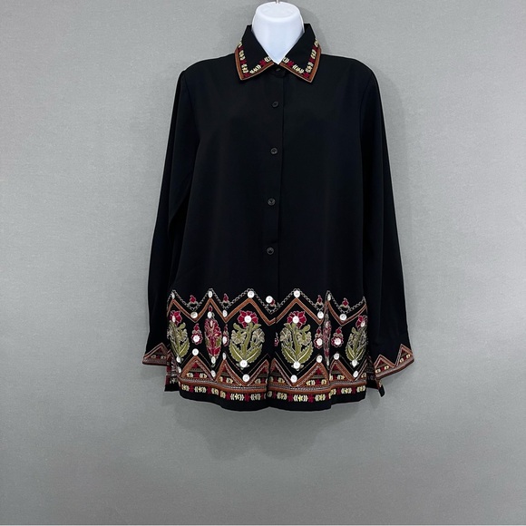 Victor Costa Occasions Black Button Embroidered Long Sleeve Blouse - Picture 1 of 14